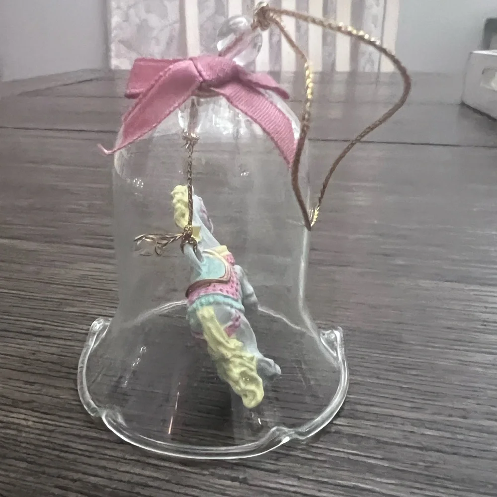 Vintage Carrousel Ornament Crystal Bell Porcelain Bisque Horses in box